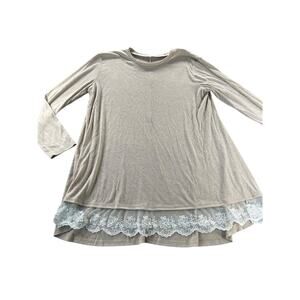 Unbranded Women's Tan Knit White Lace Trim Long Sleeve Blouse Women's